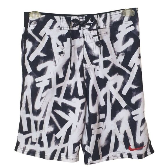 Nike Mens Swim Trunks Size S Black White Graffiti Print Embroidered Logo Sporty - Picture 2 of 8